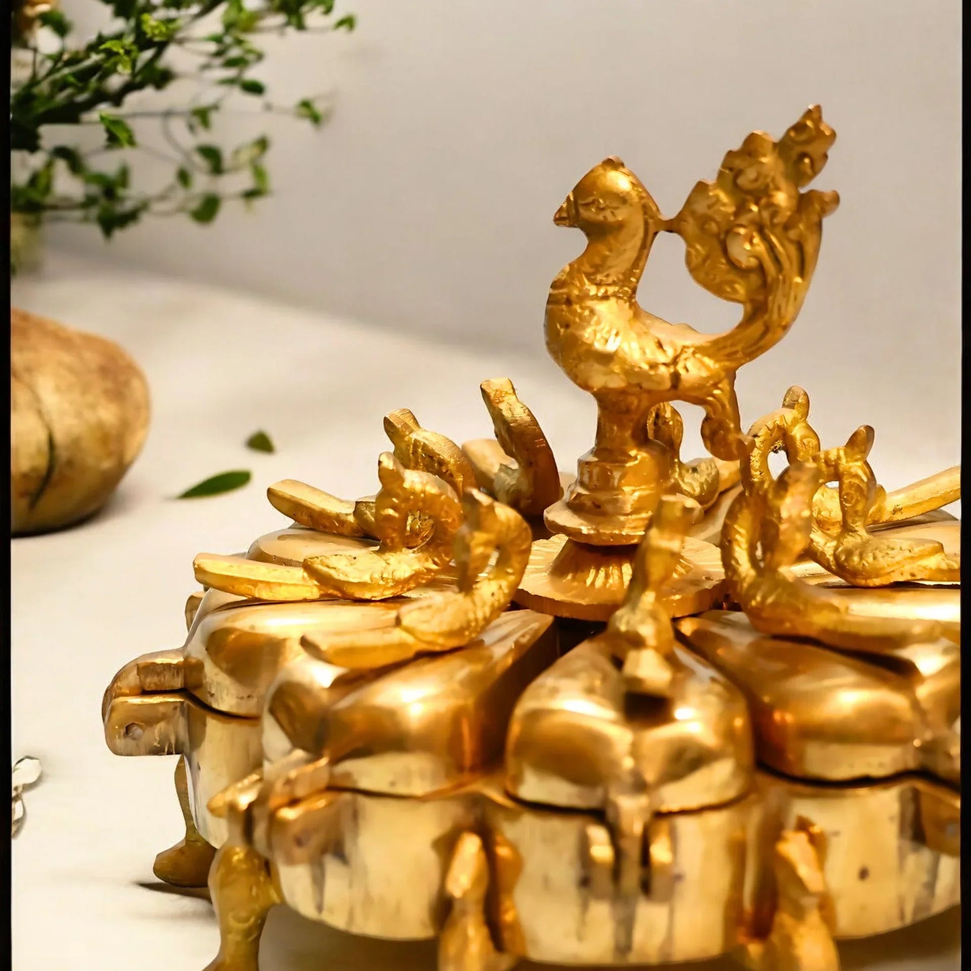 Pure Brass 9-Compartment Peacock Kumkum Box
