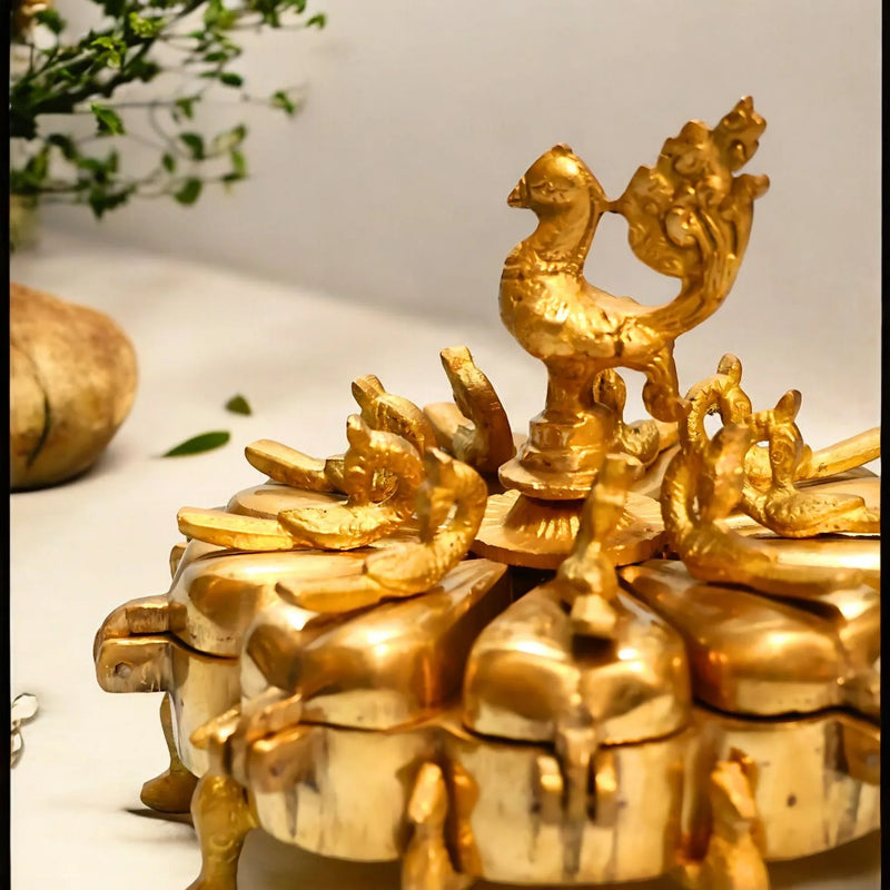 Pure Brass 9-Compartment Peacock Kumkum Box