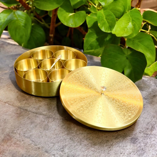 Pure Brass Spice Box with Carving – 7 Compartments & Spoon