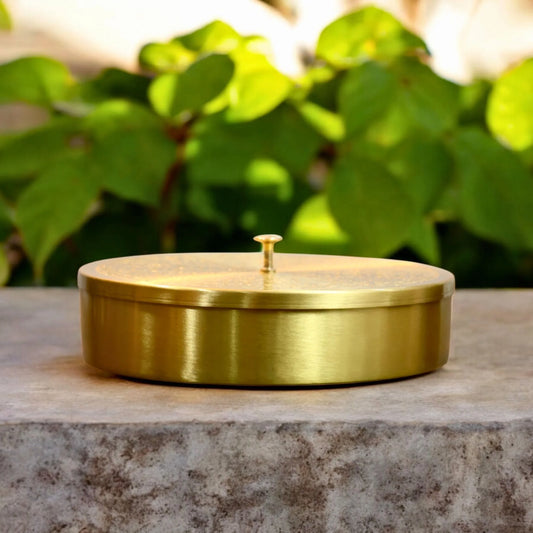 Pure Brass Spice Box with Carving – 7 Compartments & Spoon