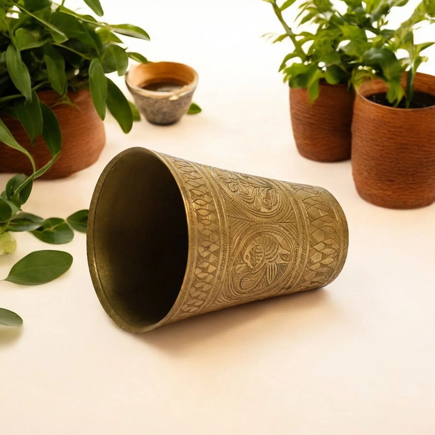 vintage brass lassi glass with unique carving design