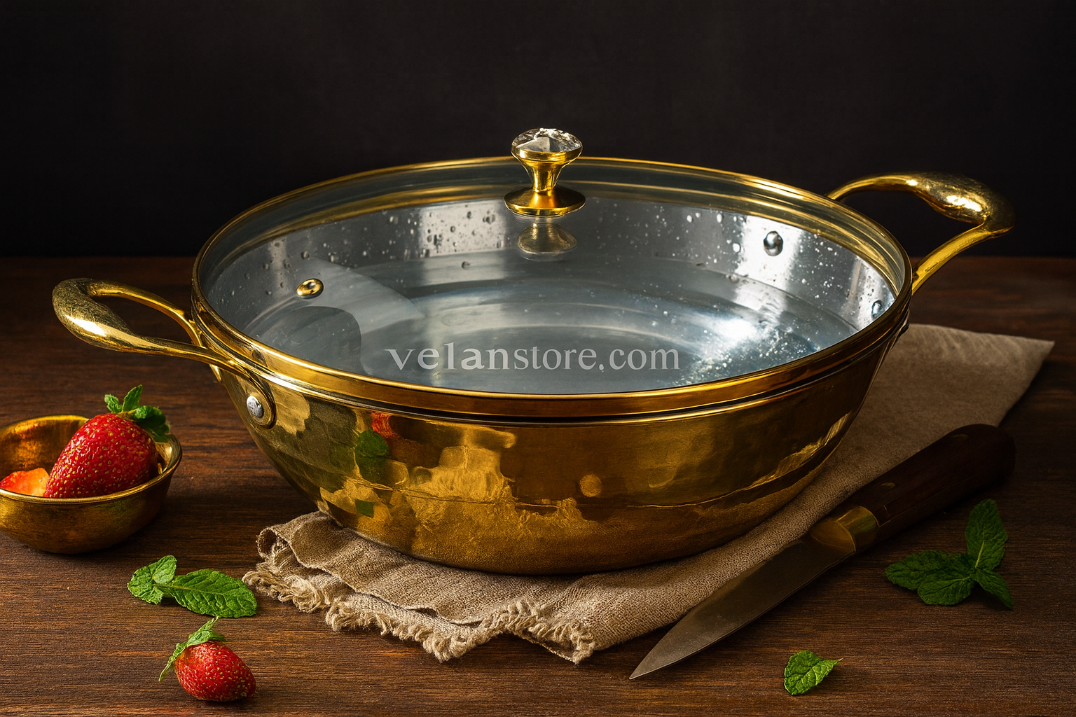 Flat Base Brass Kadhai with Glass Lid-Naturally non stick, Non Toxic, Teflon Free