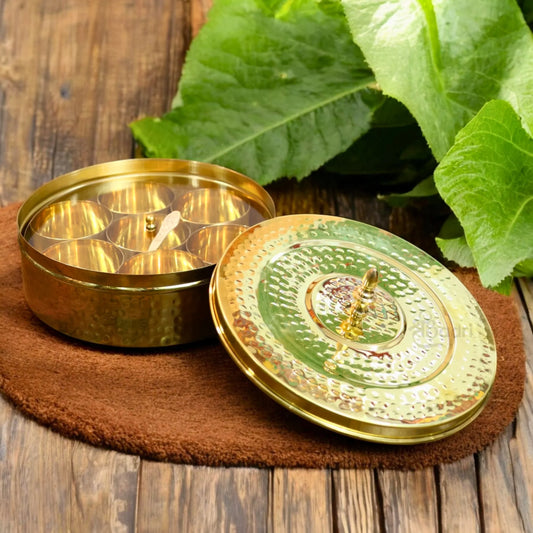 Pure Brass Spice Box with Hammered Design – 7 Compartments, Glass Lid & Spoon