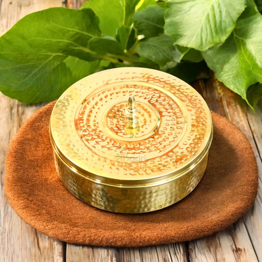 Pure Brass Spice Box with Hammered Design – 7 Compartments, Glass Lid & Spoon