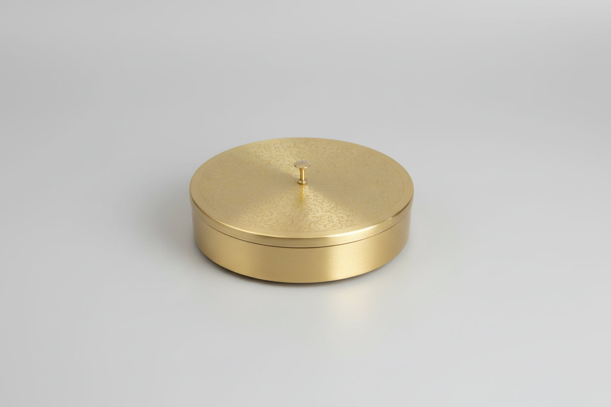 Pure Brass Spice Box with Carving – 7 Compartments & Spoon