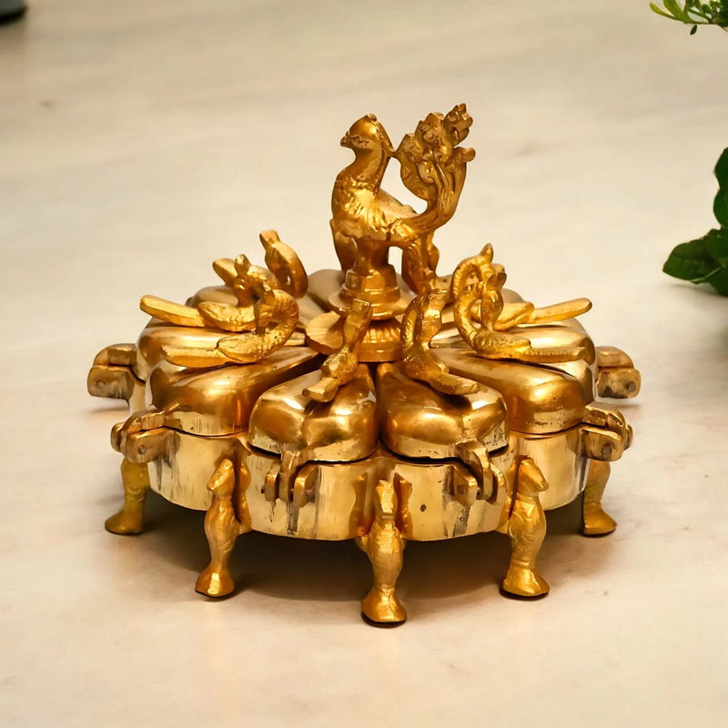Pure Brass 9-Compartment Peacock Kumkum Box