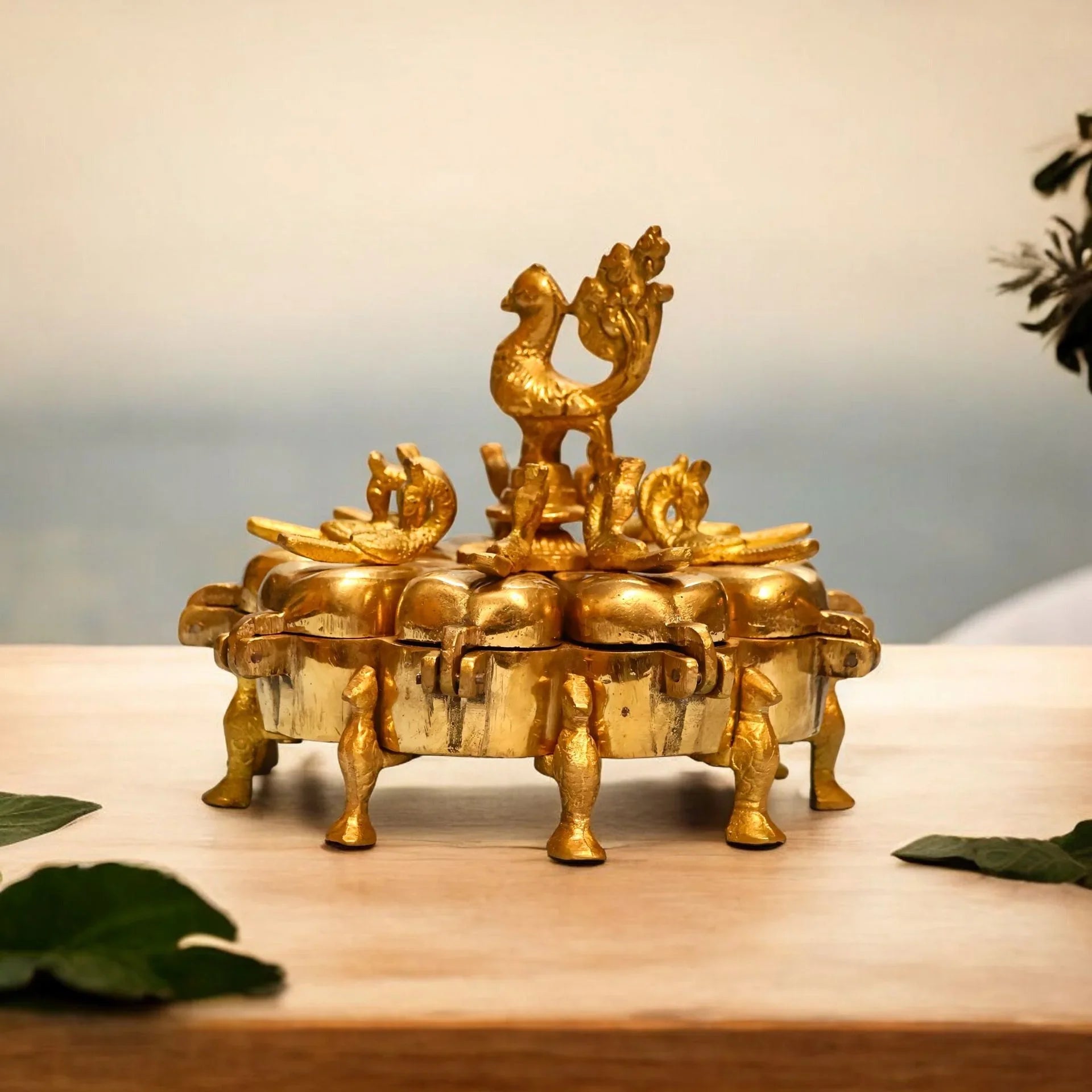 Pure Brass 9-Compartment Peacock Kumkum Box