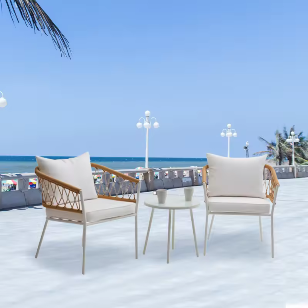 Eusbio Outdoor Patio Seating Set 2 Chairs and 1 Table Set Braided & Rope (Honey/White)