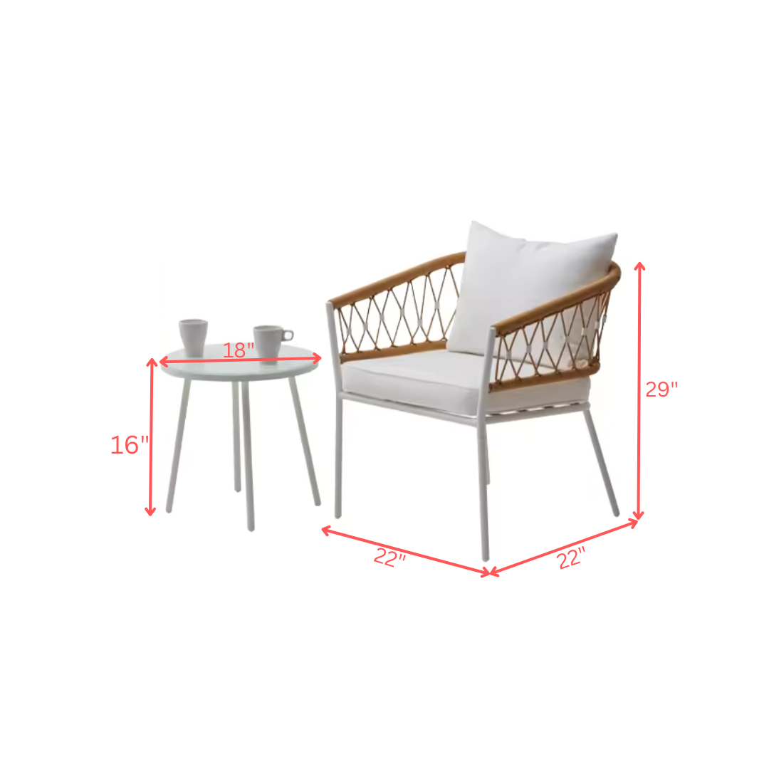 Eusbio Outdoor Patio Seating Set 2 Chairs and 1 Table Set Braided & Rope (Honey/White)