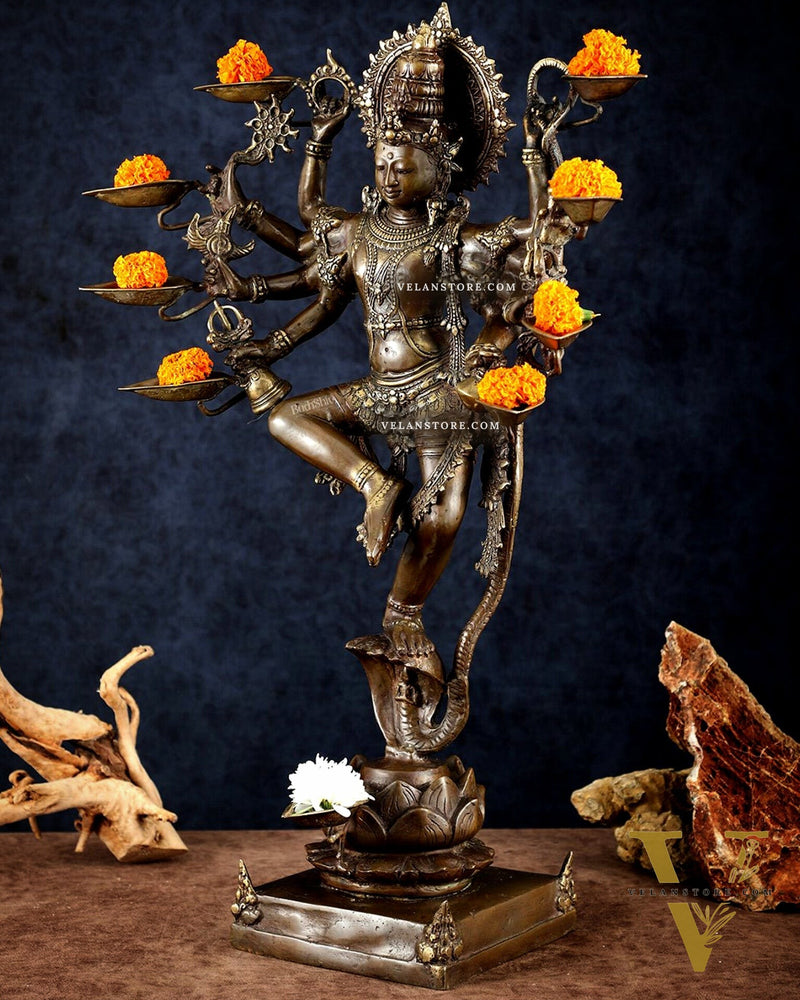 Bronze Dancing Krishna with Diyas in hands Sculpture – 26" Height, Lost Wax Casting
