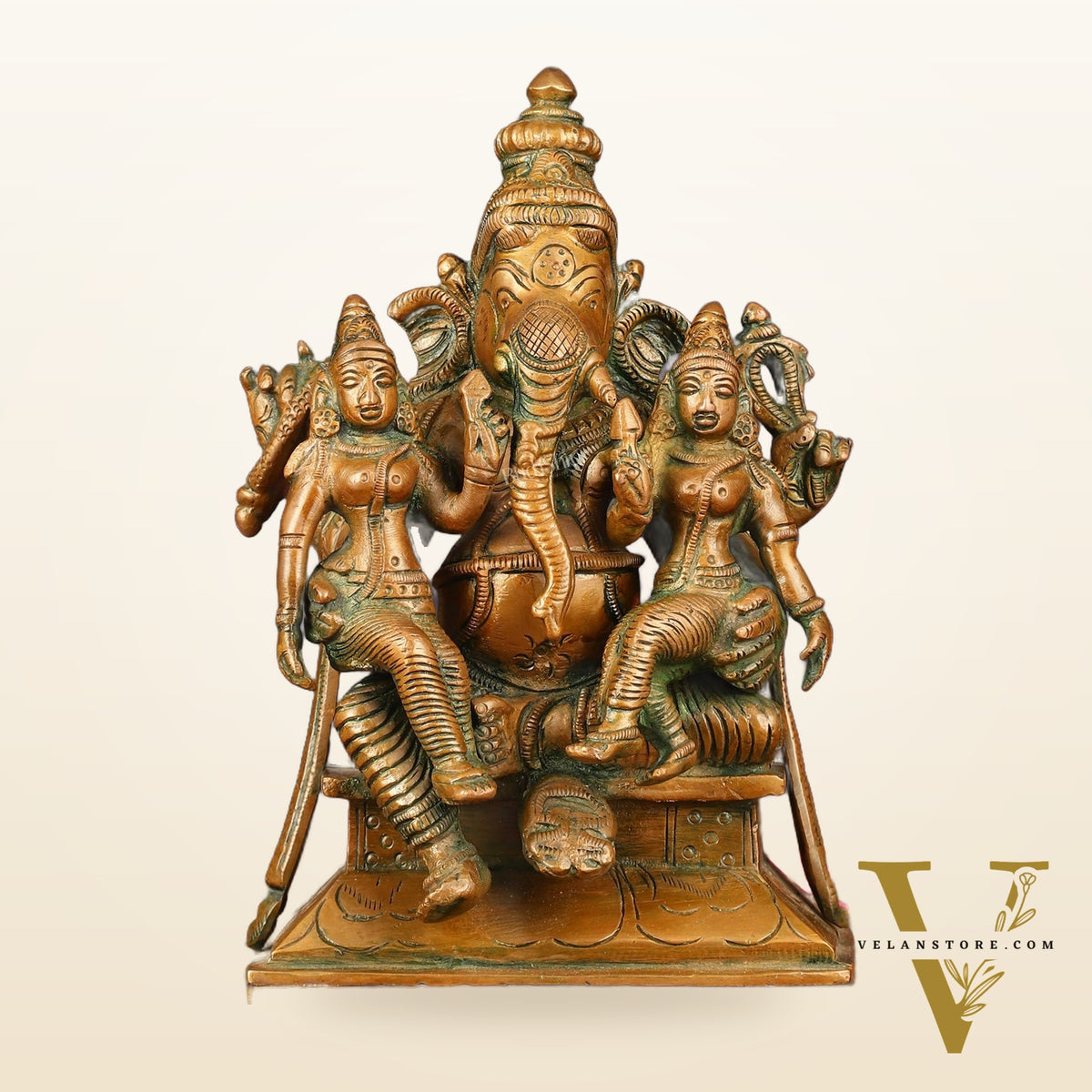 Bronze Finish Pure Brass Lord Ganesha Statue with Riddhi and Siddhi - 7 Inch