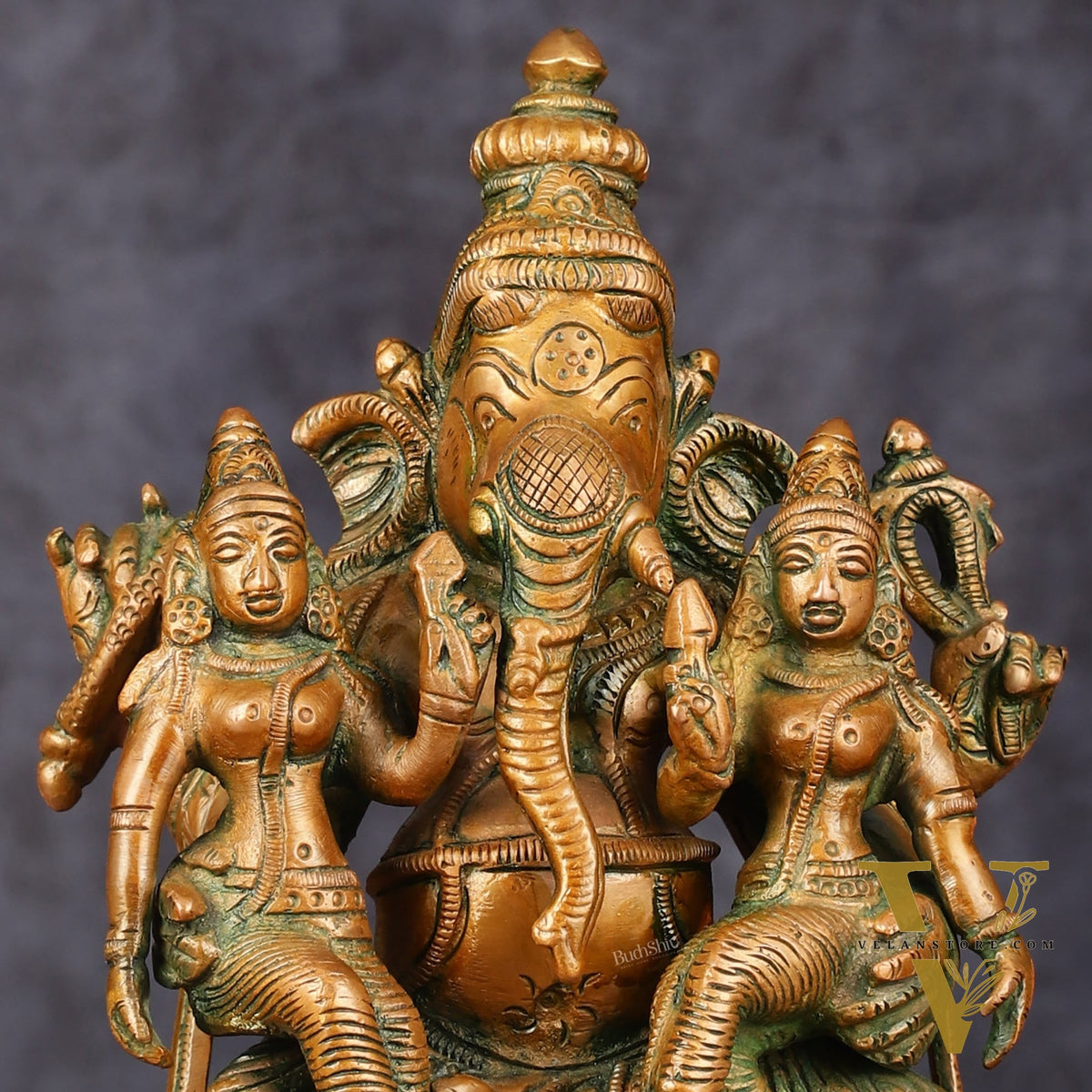Bronze Finish Pure Brass Lord Ganesha Statue with Riddhi and Siddhi - 7 Inch