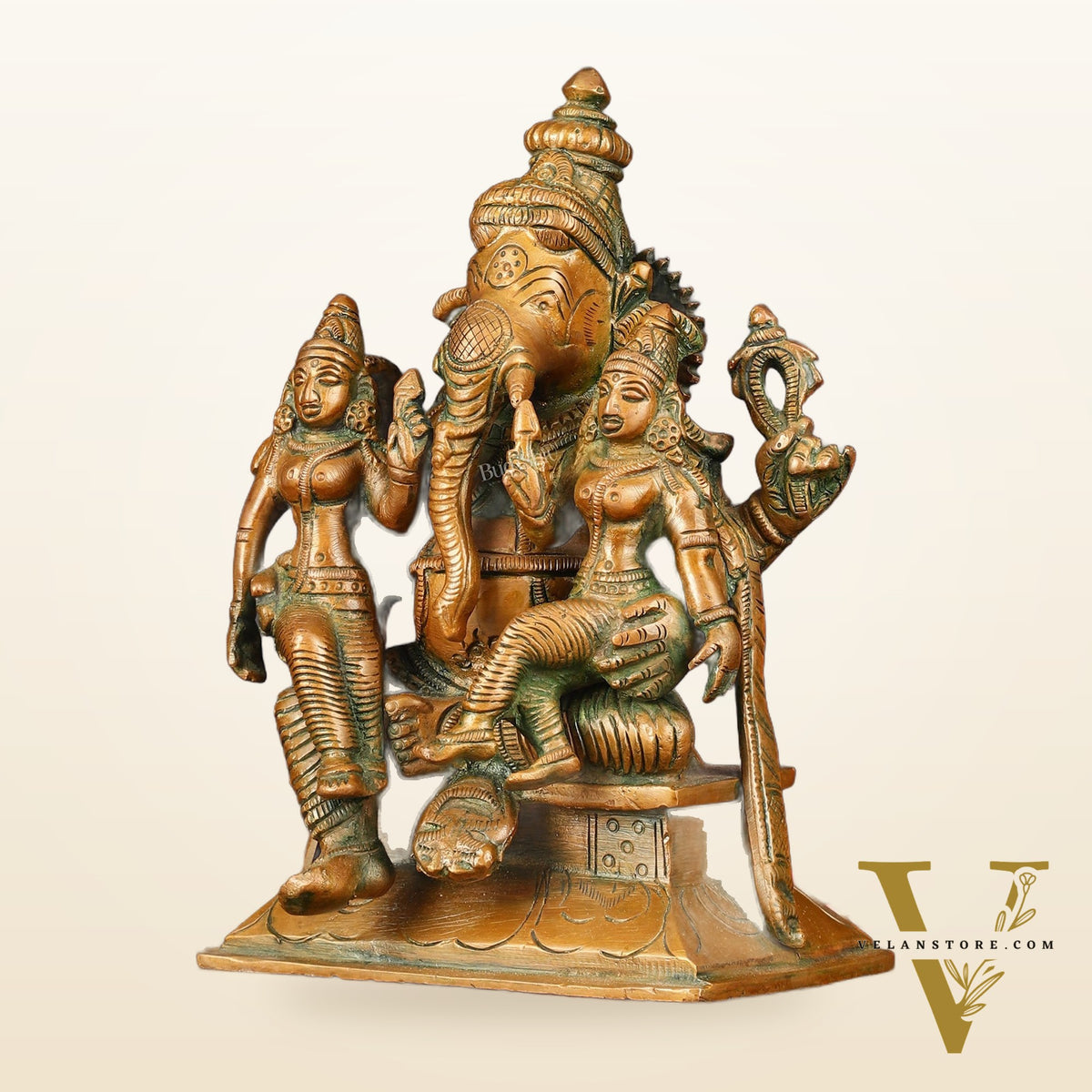 Bronze Finish Pure Brass Lord Ganesha Statue with Riddhi and Siddhi - 7 Inch