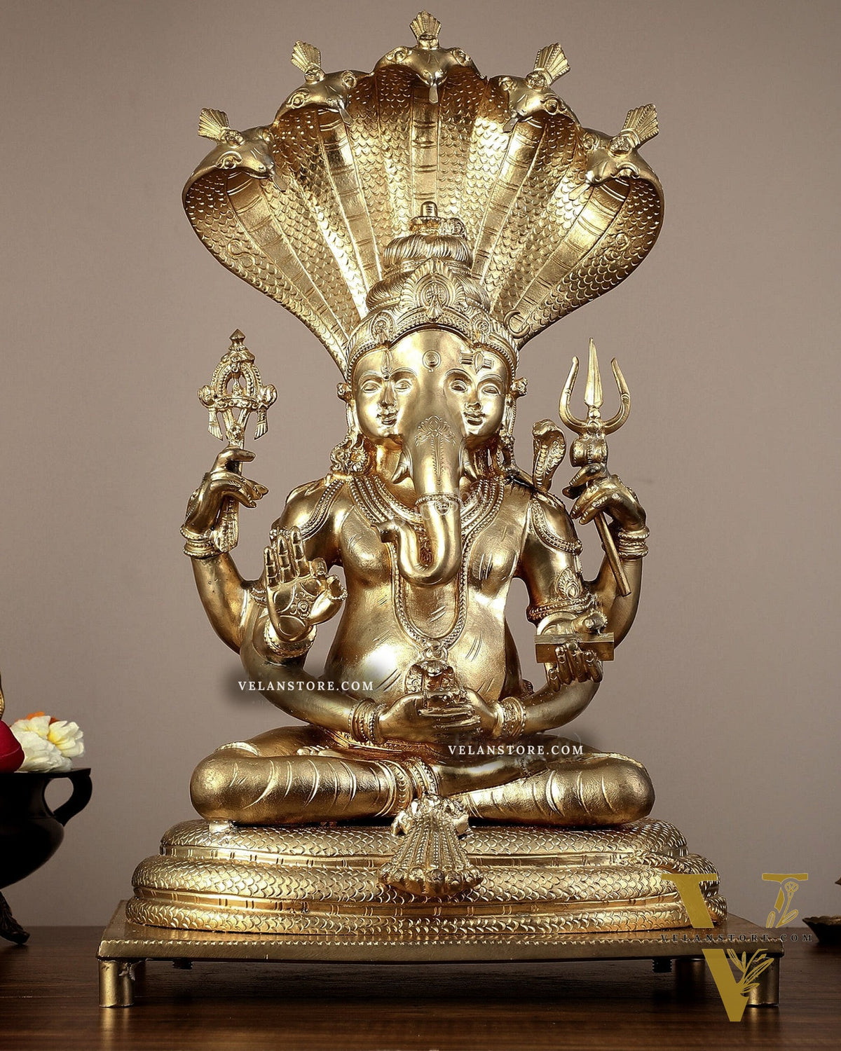 Bronze Lord Ganesha with Shiva and Parvati Idol - 18.5" panchaloha sculpture