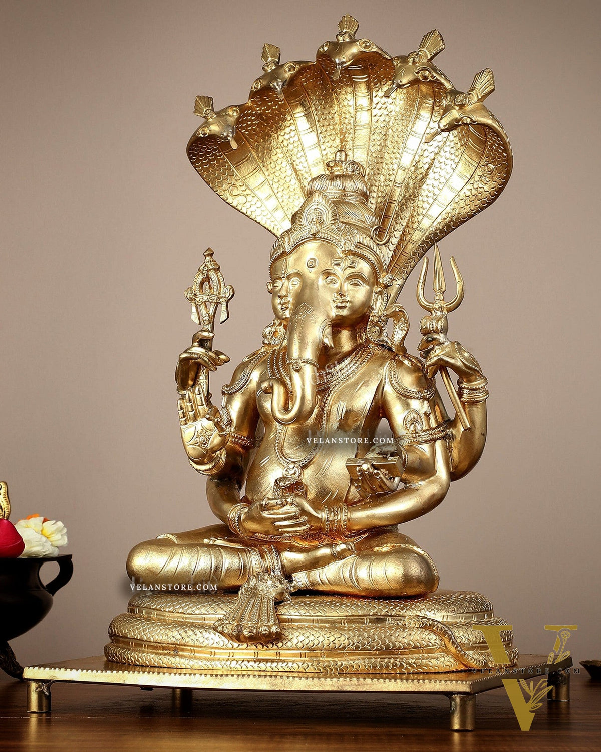 Bronze Lord Ganesha with Shiva and Parvati Idol - 18.5" panchaloha sculpture