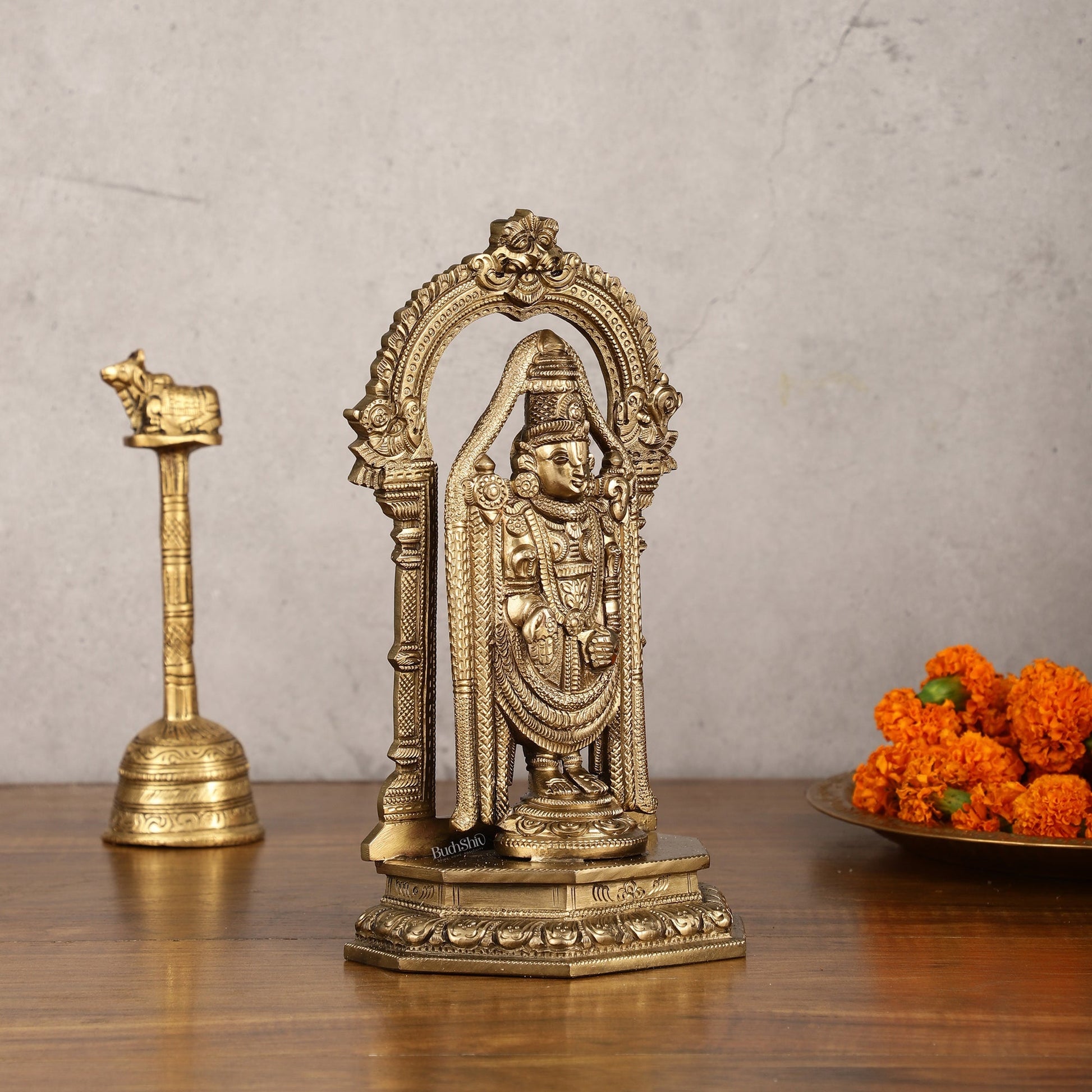 Bronze Tirupati Balaji Statue with Prabhavali - 9 Inch | Authentic