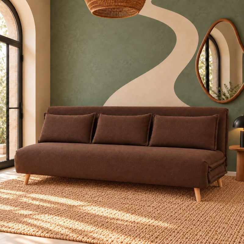 Modern 3 Seater Daybed Sofa Come Bed, Brown Fabric Fold-Out Sleeper Lounge, Convertible Sofa Bed for Living Room, Guest Room & Lounge