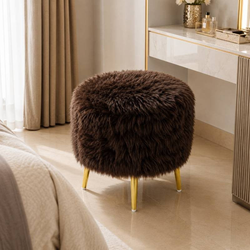 Cocoa Luxe Stool - Brown Faux Fur Ottoman with Gold Legs for Modern Home Decor