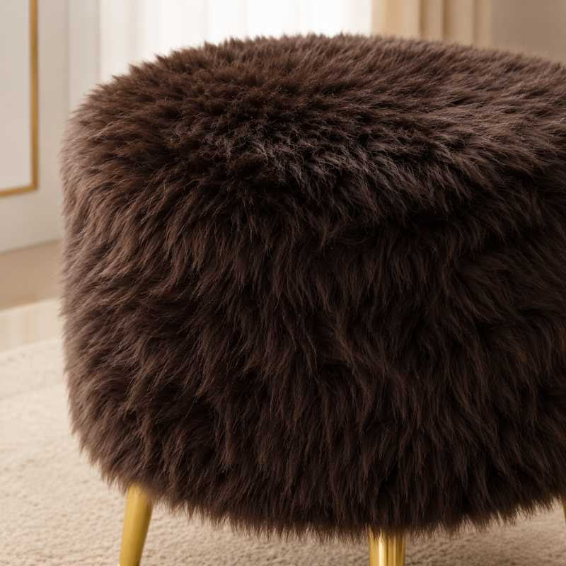Cocoa Luxe Stool - Brown Faux Fur Ottoman with Gold Legs for Modern Home Decor