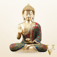 Buddha Aashirwaad Brass Idol with Meenakari Stonework | 12 inch