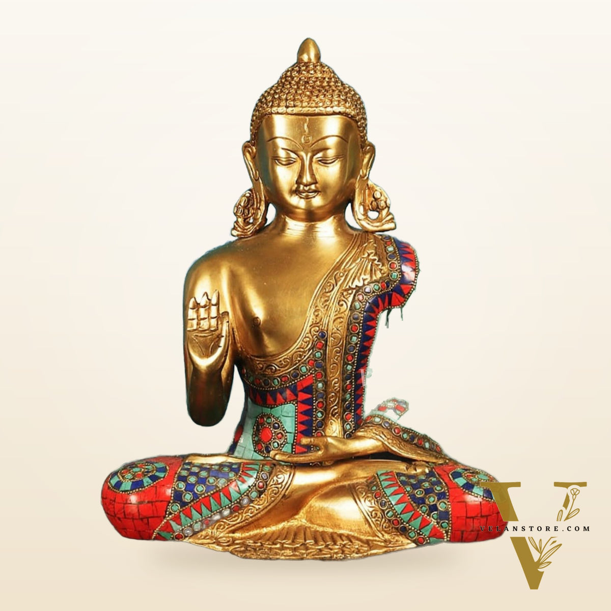 Buddha Aashirwaad Brass Idol with Meenakari Stonework 12 inches