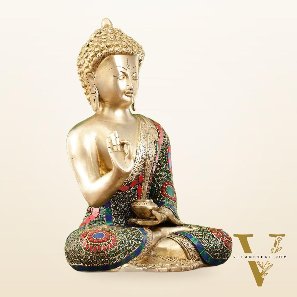 Buddha Aashirwaad Brass Idol with Meenakari Stonework | 12 inch