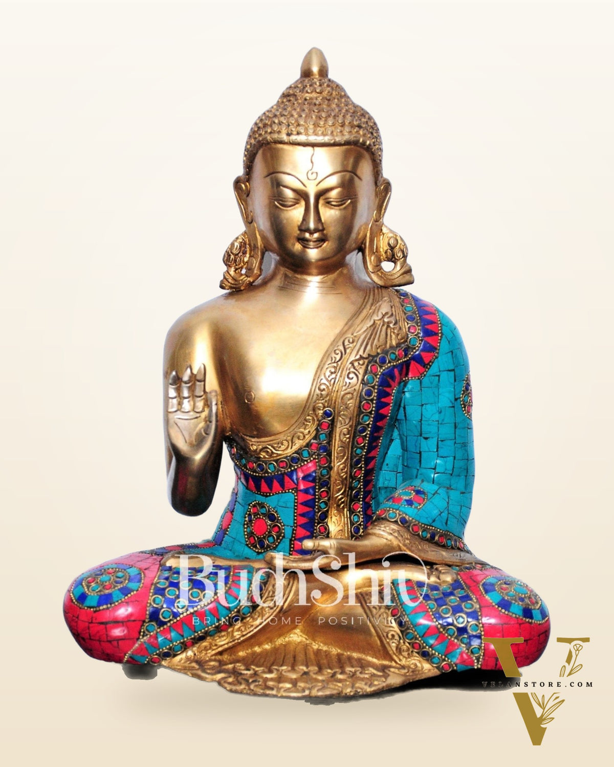 Buddha Aashirwaad Brass Idol with Meenakari Stonework 12 inches