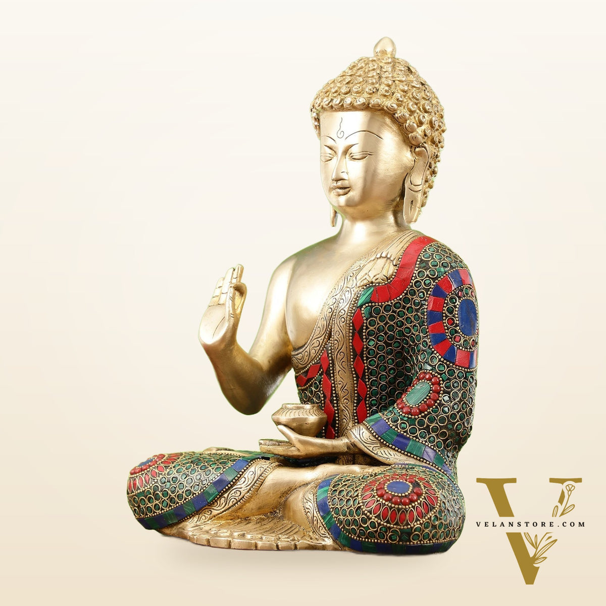 Buddha Aashirwaad Brass Idol with Meenakari Stonework | 12 inch