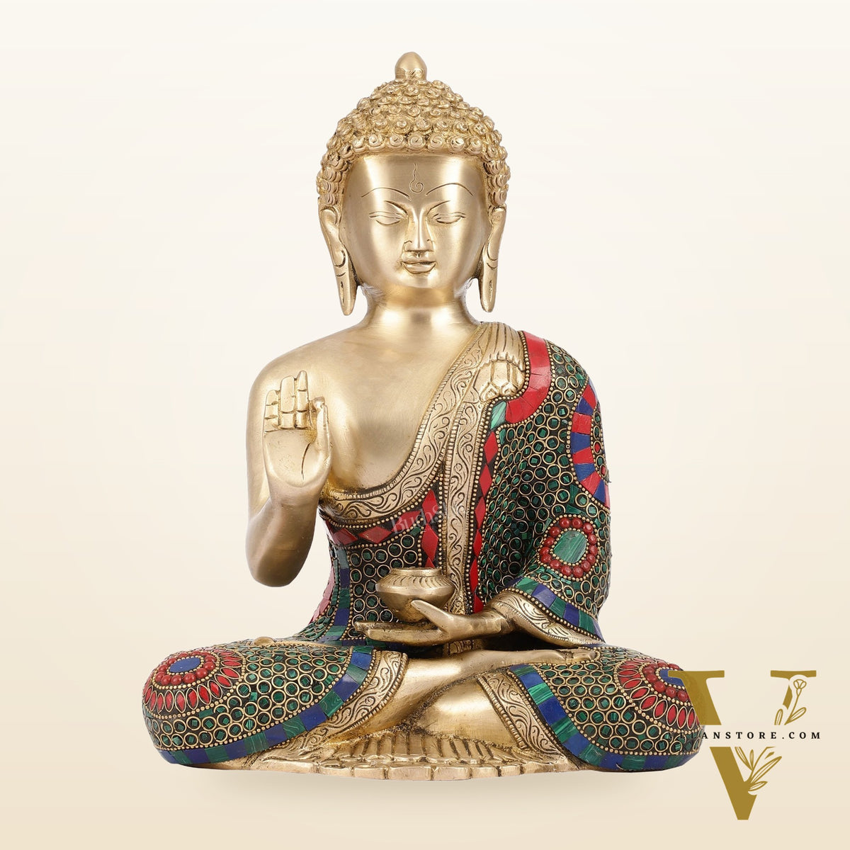 Buddha Aashirwaad Brass Idol with Meenakari Stonework | 12 inch