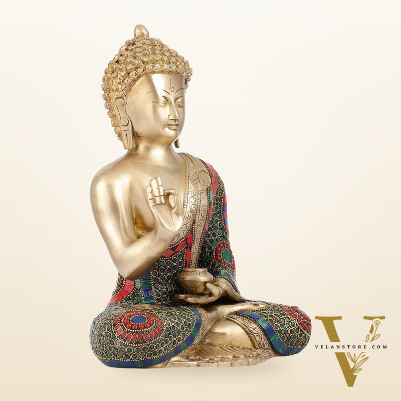 Buddha Aashirwaad Brass Idol with Meenakari Stonework | 12 inch
