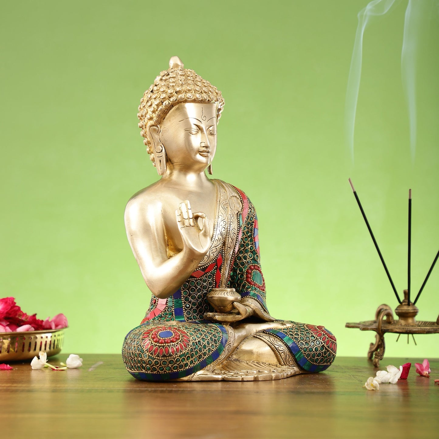 Buddha Aashirwaad Brass Idol with Meenakari Stonework | 12 inch