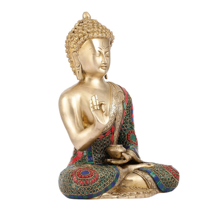 Buddha Aashirwaad Brass Idol with Meenakari Stonework | 12 inch