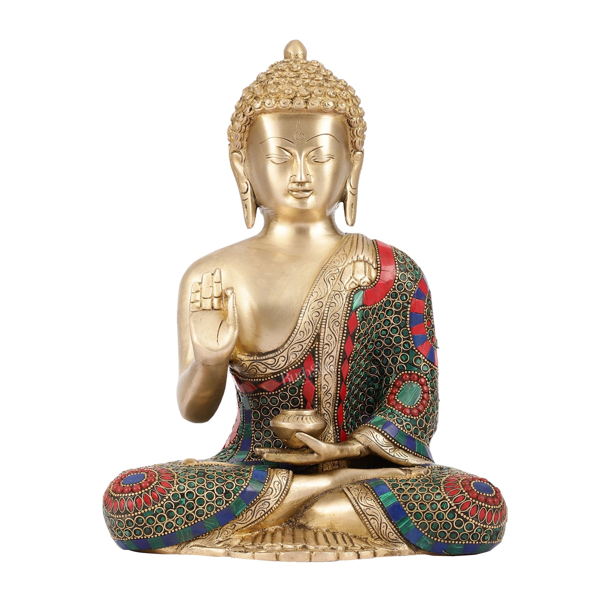 Buddha Aashirwaad Brass Idol with Meenakari Stonework | 12 inch