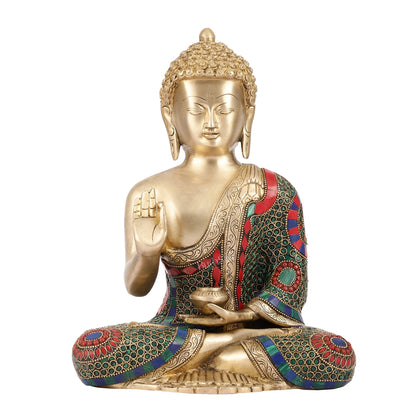 Buddha Aashirwaad Brass Idol with Meenakari Stonework | 12 inch