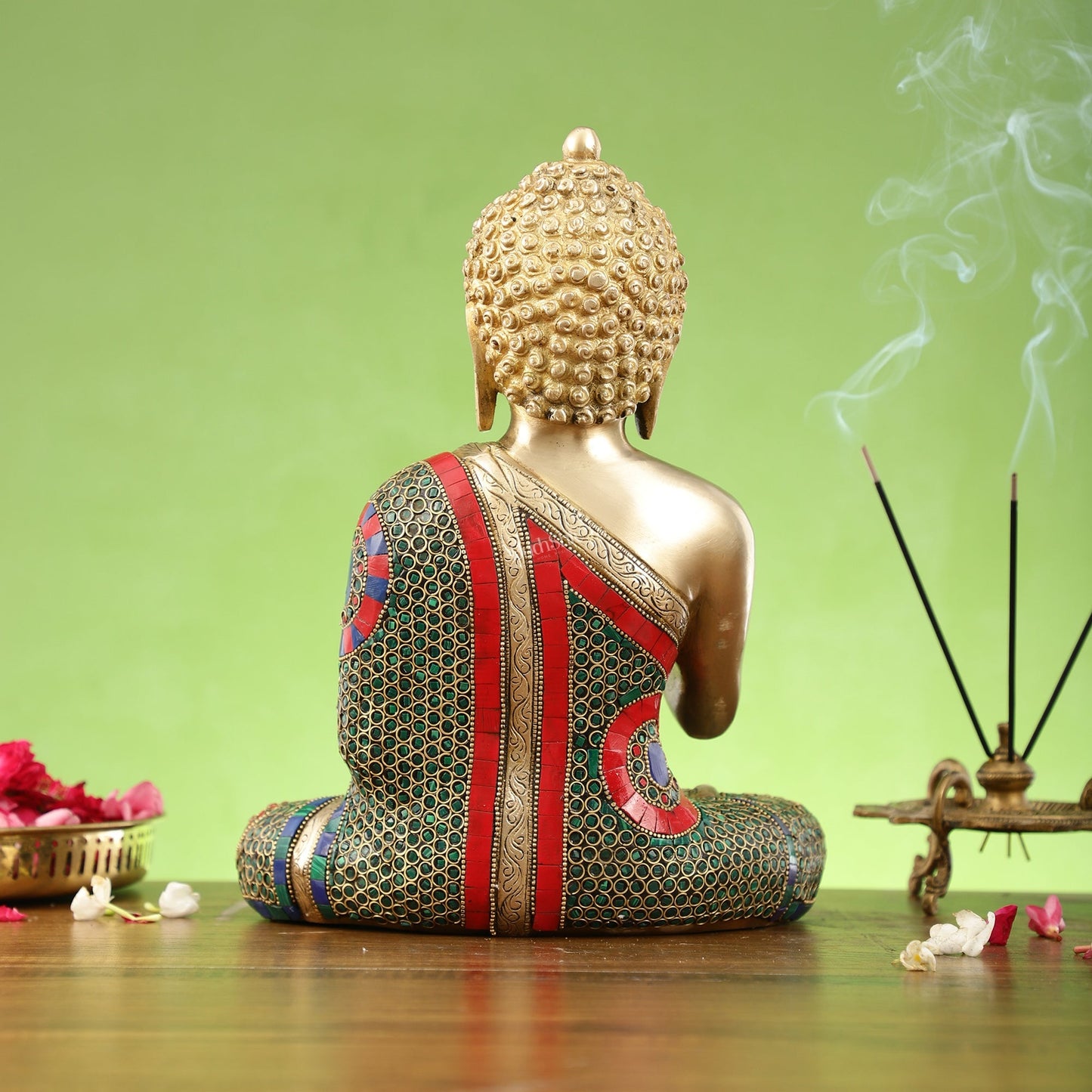 Buddha Aashirwaad Brass Idol with Meenakari Stonework | 12 inch