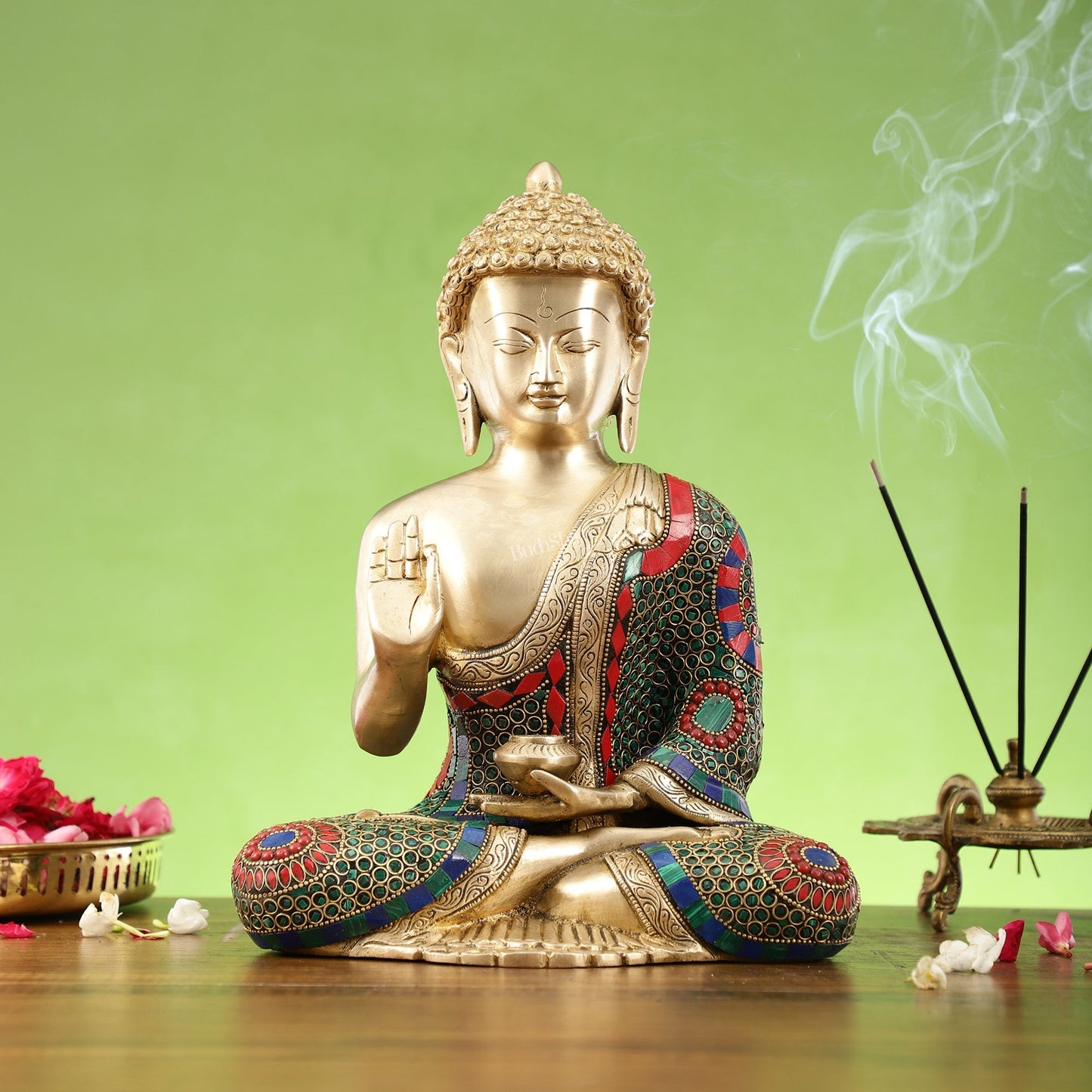 Buddha Aashirwaad Brass Idol with Meenakari Stonework | 12 inch