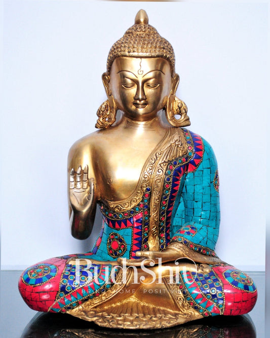 Buddha Aashirwaad Brass Idol with Meenakari Stonework 12 inches