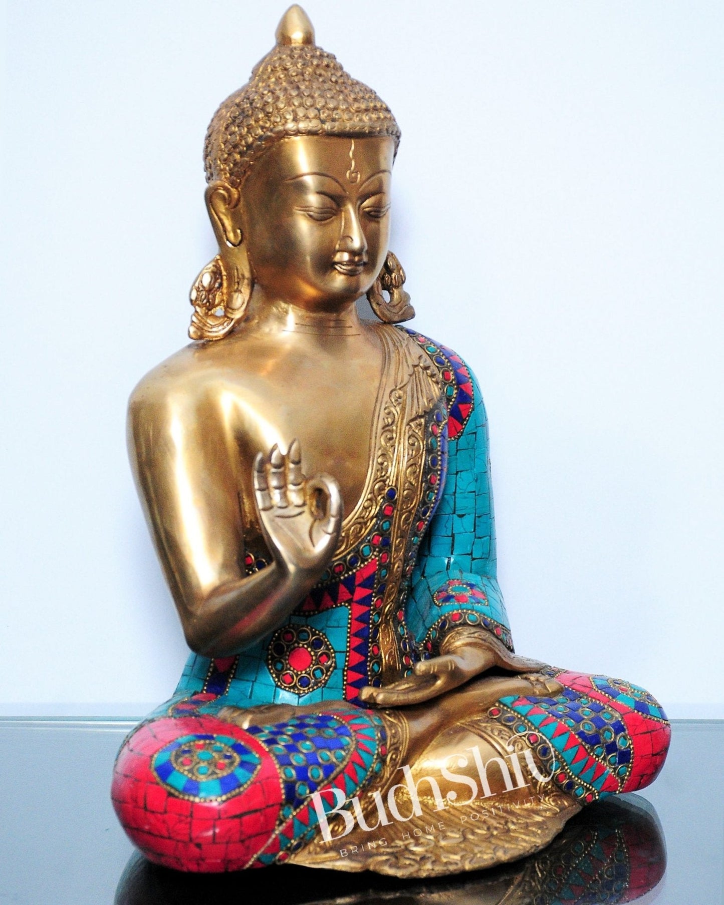 Buddha Aashirwaad Brass Idol with Meenakari Stonework 12 inches