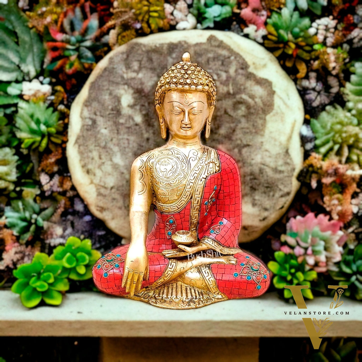 Buddha Aashirwaad Brass Idol with Meenakari Stonework | 12" x 9.5" x 6"
