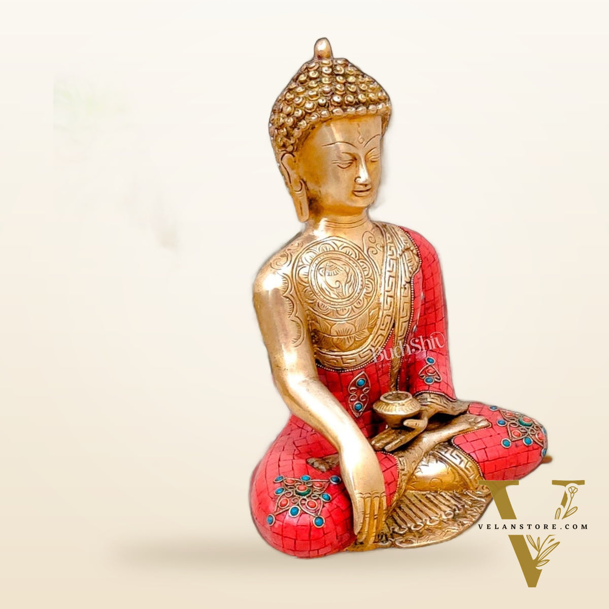 Buddha Aashirwaad Brass Idol with Meenakari Stonework | 12" x 9.5" x 6"