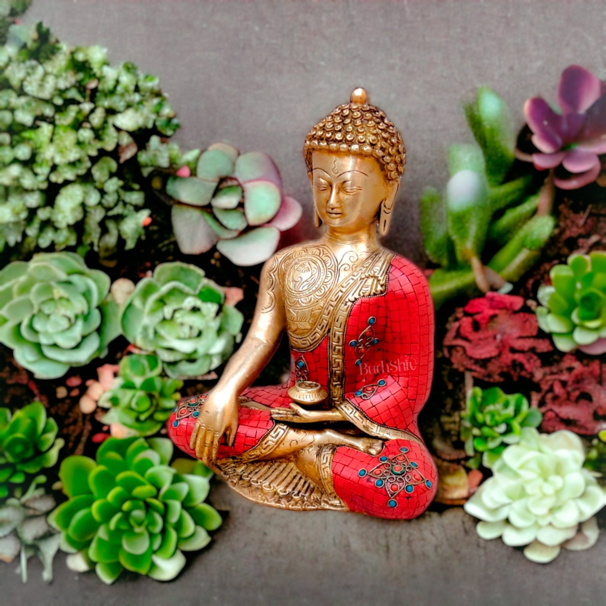 Buddha Aashirwaad Brass Idol with Meenakari Stonework | 12" x 9.5" x 6"