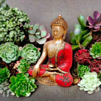 Buddha Aashirwaad Brass Idol with Meenakari Stonework | 12" x 9.5" x 6"