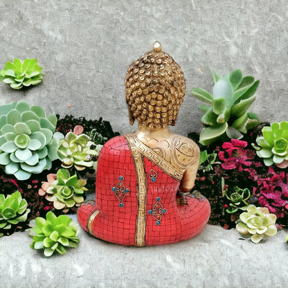 Buddha Aashirwaad Brass Idol with Meenakari Stonework | 12" x 9.5" x 6"