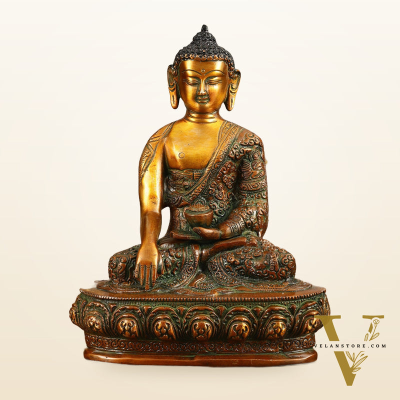 Buddha Bhumisparsha Life Story Engraved Statue - Dual Tone, 9" Height