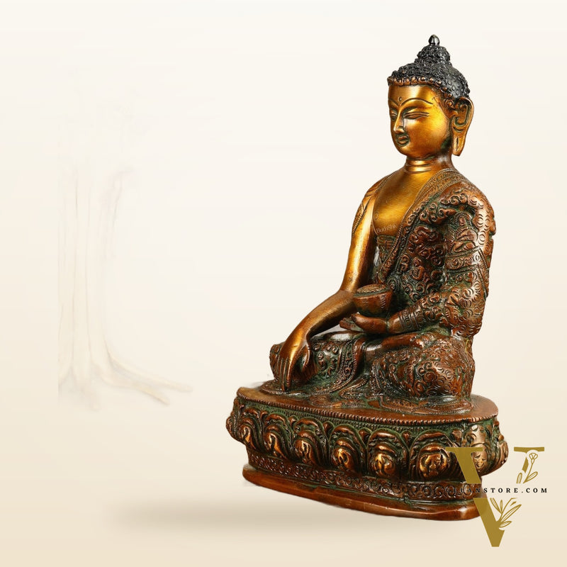 Buddha Bhumisparsha Life Story Engraved Statue - Dual Tone, 9" Height