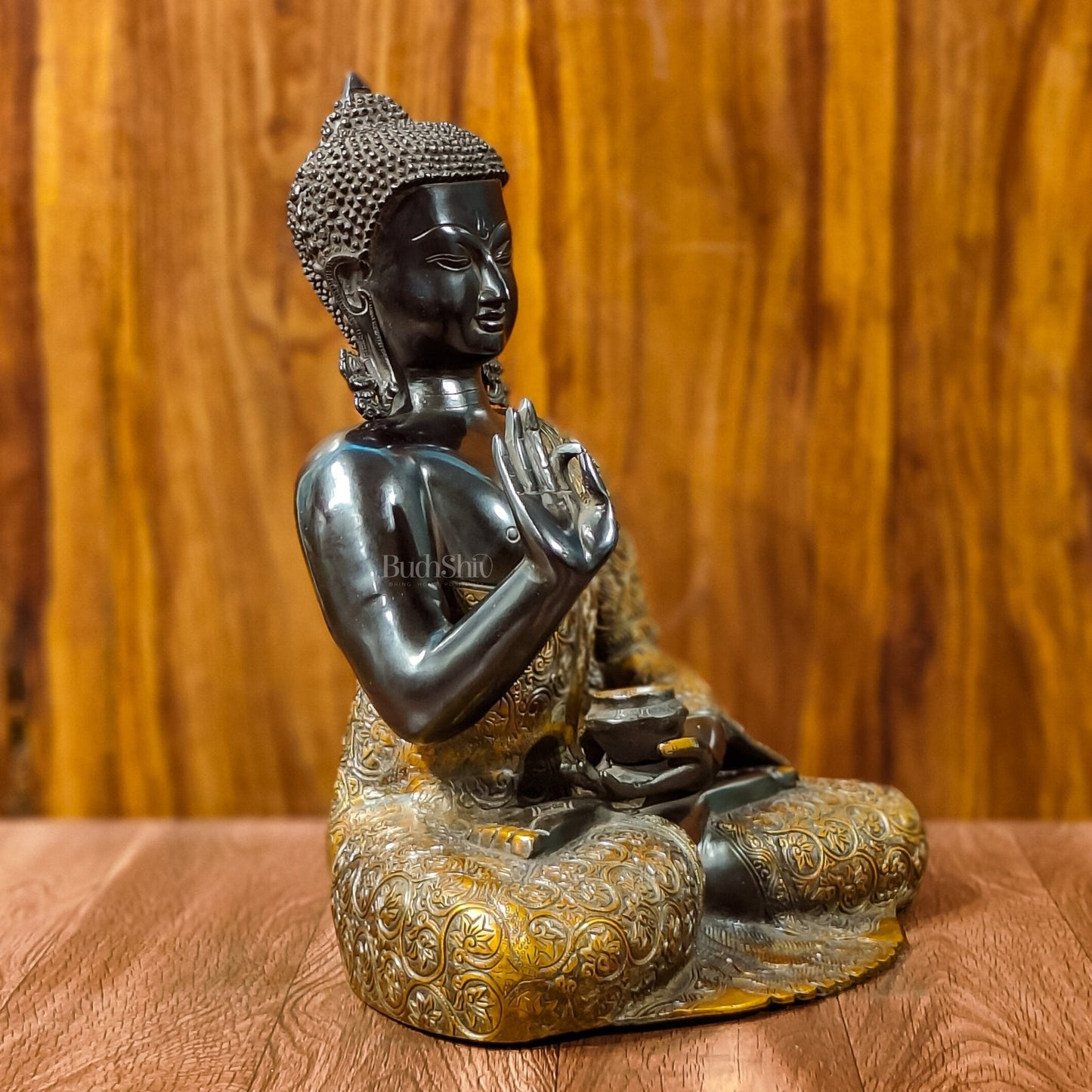 Buddha Brass Idol, Buddha Statue, Brass Buddha Aashirwad Mudra Statue, Black and Golden Finish 17 inches