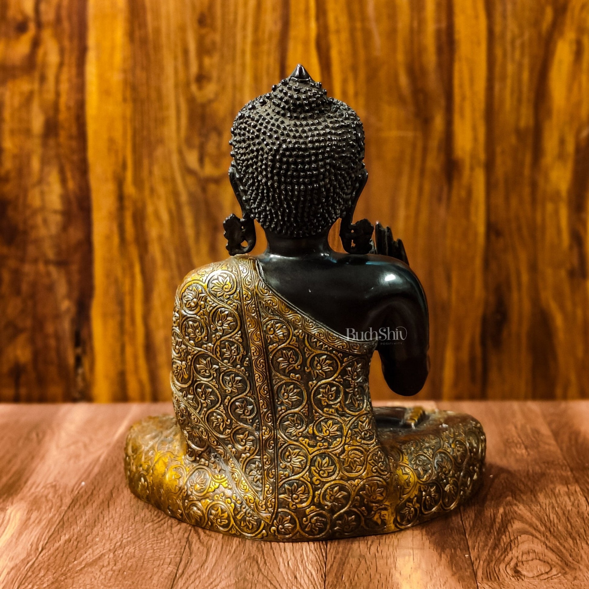 Buddha Brass Idol, Buddha Statue, Brass Buddha Aashirwad Mudra Statue, Black and Golden Finish 17 inches