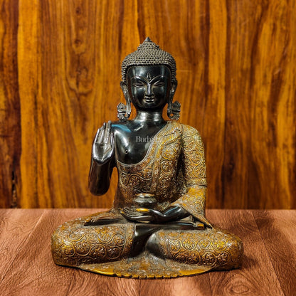Buddha Brass Idol, Buddha Statue, Brass Buddha Aashirwad Mudra Statue, Black and Golden Finish 17 inches