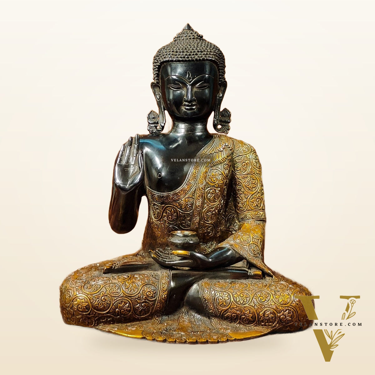 Buddha Brass Idol, Buddha Statue, Brass Buddha Aashirwad Mudra Statue, Black and Golden Finish 17 inches