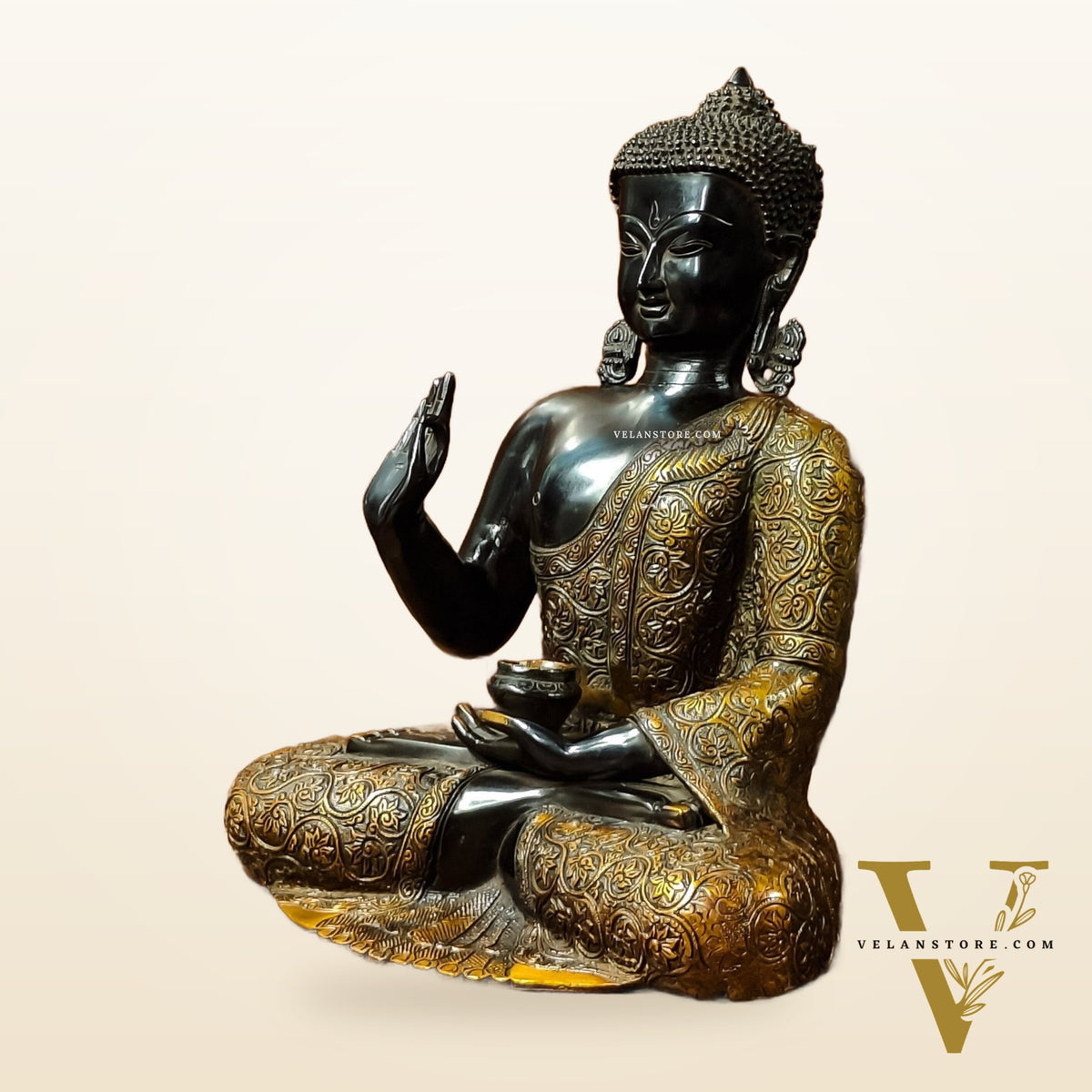 Buddha Brass Idol, Buddha Statue, Brass Buddha Aashirwad Mudra Statue, Black and Golden Finish 17 inches